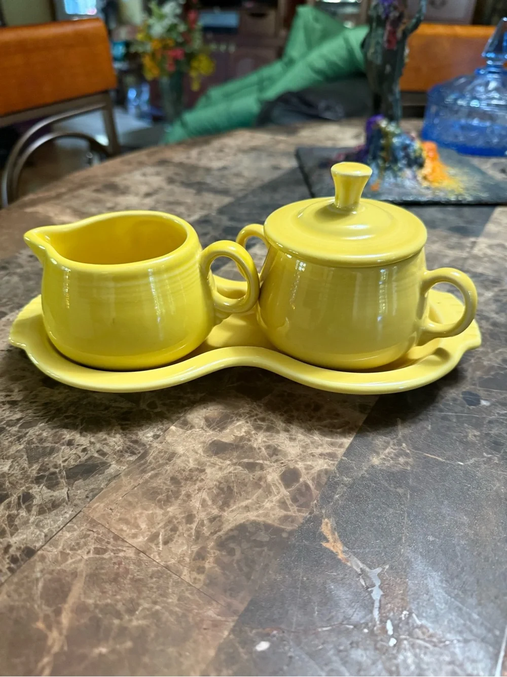 Fiesta Fiestaware Yellow Cream & Sugar Set w/ Figure 8 Tray 4 Piece